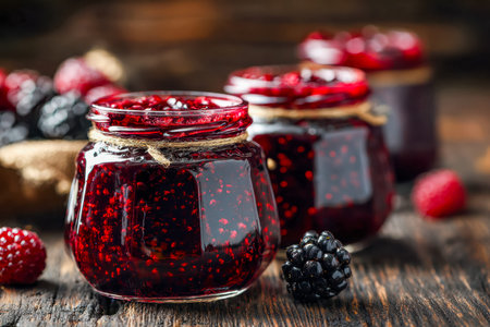 Aromatic berry preserves in glass jars rest on weathered wood, surrounded by vibrant blackberries...