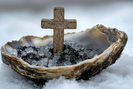 A rustic wooden cross rests within a cracked shell packed with ice and salt, set against a chilly...