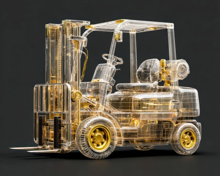 A high-tech 3d visualization showcasing a forklift with luminous, see-through parts contrasted by...