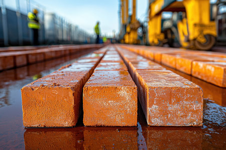 A detailed shot of newly installed brick paving stones, with construction workers and heavy...