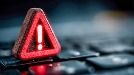 A glowing safety icon with an exclamation symbol casts a vibrant light on a keyboard, creating a...