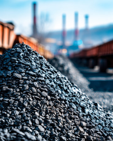 Sweeping heaps of processed coal rest in a busy railway zone, with towering factory chimneys filling...