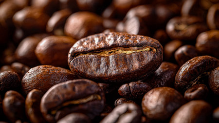 Rich, dark roasted beans with a shiny surface, centered for emphasis, creating an inviting, textured...