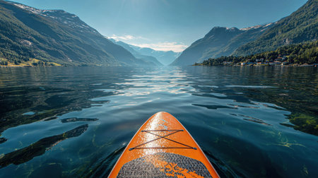 A solitary paddleboarder glides across tranquil water bordered by majestic mountains, under a bright...