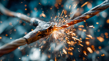 Intense sparks illuminate a detailed scene of metal fusion, capturing the craftsmanship and energy...