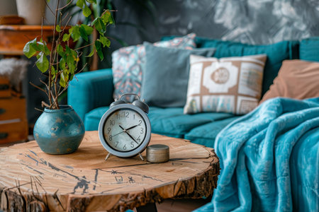 Boho living room interior design with alarm clock on wooden table near sofa, cozy home decor