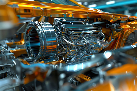 High-quality abstraction. engineer designing engine of modern car in longitudinal section