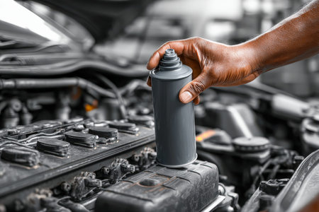 A technician gently spritzes a fine lubricant onto engine parts, highlighting maintenance precise,...