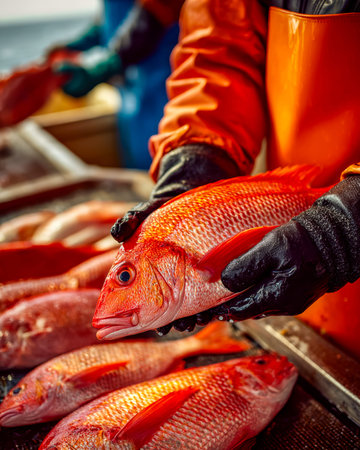 A fisherman displays his catch, a vibrant red snapper, amidst a bustling market scene, highlighting...