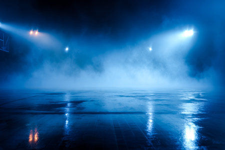 An abandoned indoor sports arena bathed in cool blue lighting, with misty fog effects and shimmering...