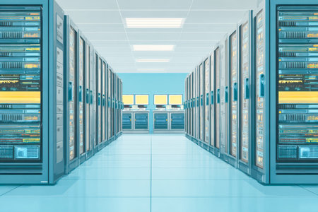 Sleek, high-tech server room with illuminated racks, sleek monitors, and a futuristic ambiance...