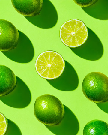 Juicy green limes and vibrant citrus slices arranged on a vivid green backdrop, evoking freshness,...