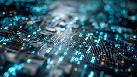 Intricate circuitry illuminated by vibrant blue signals evoke a high-tech ambiance suitable for...