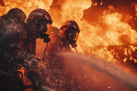 Brave team of firefighters working together to extinguish fiercely blazing flames