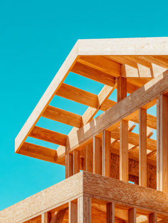 A contemporary timber frame rising against a vivid blue sky, showcasing open-plan design and...