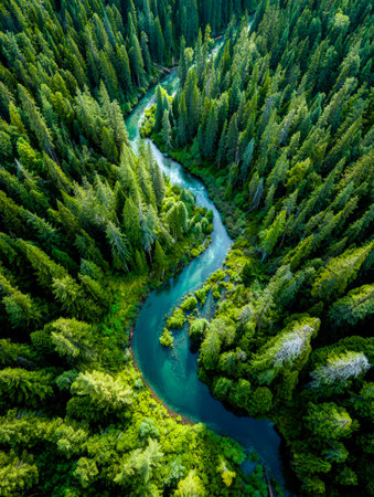 A tranquil waterway snakes through lush, towering trees, creating a peaceful, untouched wilderness...
