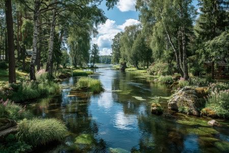 A tranquil waterway winds through vibrant foliage and colorful blossoms, beneath a sunny sky dotted...