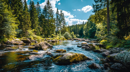 A gentle river winds through vibrant foliage, reflecting the clear sky amid peaceful woodland...