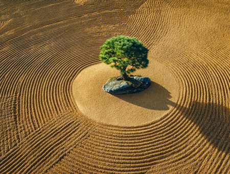 A lone tree stands amidst raked sand formations that create an abstract pattern, conveying serenity...