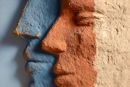 A striking multi-dimensional artwork displaying interwoven silhouettes in calming blue, vibrant orange, and warm beige hues, perfect for contemporaryの写真素材