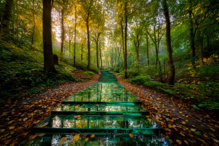 A tranquil woodland trail features transparent steps mirroring vibrant fall leaves, creating a...