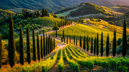 Warm sunset hues cast a gentle glow over verdant slopes dotted with ripe grapevines and majestic cypress silhouettes, creating a tranquil rural scene.