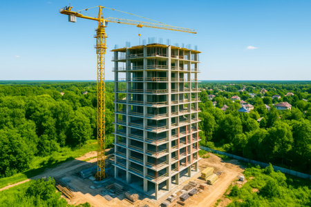 A developing skyscraper rises amidst vibrant foliage, with a towering crane set against a crisp sky,...