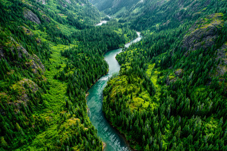 A tranquil waterway means through vibrant foliage-covered peaks, evoking peace and natural beauty in a pristine mountainous landscape.の写真素材
