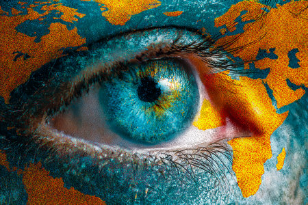 A wide-angle view highlighting interconnected continents, symbolizing holistic understanding and mindfulness across diverse cultures.の写真素材