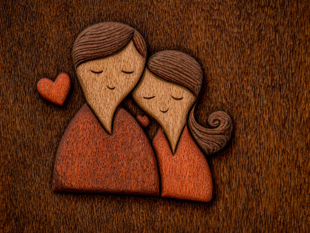 A handcrafted wooden masterpiece depicts a couple embracing, with intertwined hearts symbolizing deep connection, warmth, and enduring devotion.の写真素材