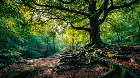 An ancient, towering tree stands proudly amid a colorful forest, its vast roots stretching across...
