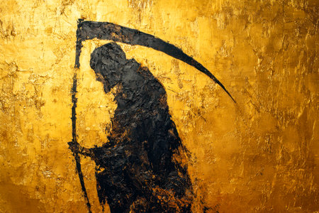 A dark, shadowy figure with a sweeping cloak and scythe stands starkly against a shimmering, textured gold backdrop, evoking mystery and mortality in an artistic form.の写真素材
