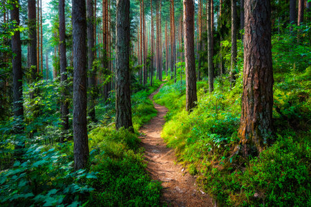 A peaceful forest pathway means through dense, golden-lit foliage, surrounded by towering trees and...