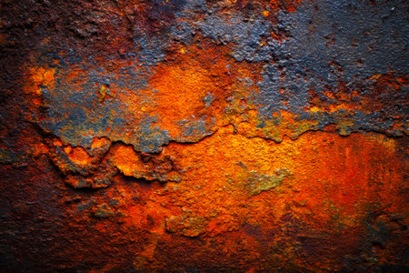 A detailed view of weathered metal revealing fiery orange oxidation interwoven with deep gray...