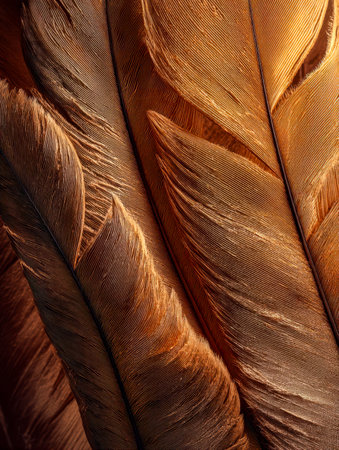 A detailed view highlights the rich, earthy tones and delicate, layered patterns of bird plumage,...
