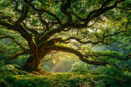 A towering, timeless tree bathed in golden light, its gnarled branches stretching across a peaceful,...