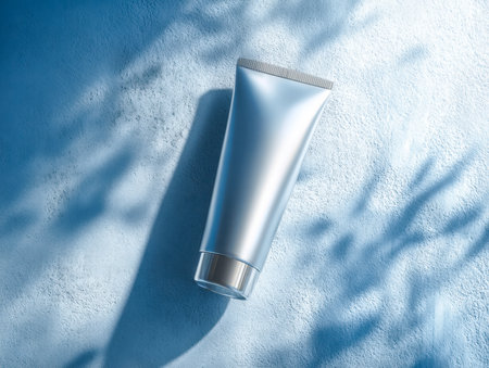 A sleek, metallic tube rests on a rough-textured background, with soft sunlight casting gentle shadows that highlight its smooth contours and refined finish.の写真素材