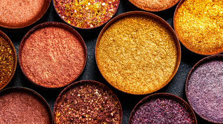 A detailed shot showing shimmering metallic color collections, vibrant hues arranged to highlight...