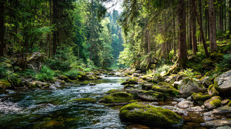 A tranquil woodland scene featuring a gentle stream weaving through vibrant foliage and weathered...