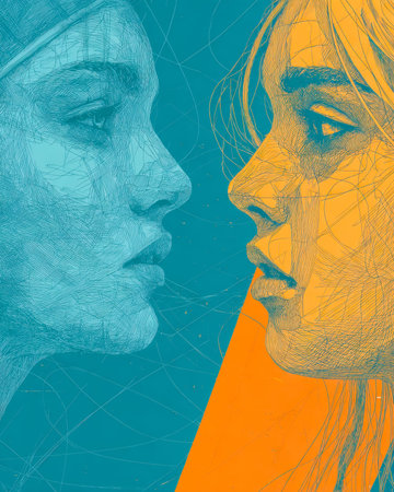 Two women gaze at each other amidst a vivid contrast of dark and light hues, embodying duality and...