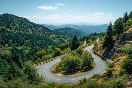 A tranquil highway curves gracefully through vibrant woods and gentle hills, basking in clear...