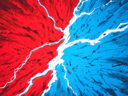 A fierce digital tempest erupts with streaks of crimson and azure, creating an electrifying dance of...
