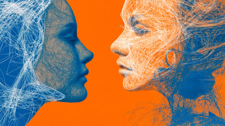 Two women gaze at each other amid intricate web-like connections, set against a lively orange backdrop, evoking themes of communication and unity.の写真素材