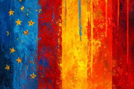 A dynamic fusion of eu and German symbols rendered in bold, colorful watercolor strokes that evoke unity, diversity, and creative harmony.の写真素材