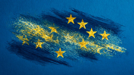 A creative portrayal of the eu emblem, featuring shining gold stars arranged in a circle on a richly...