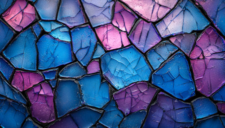 A dynamic composition of fragmented glass in luminous shades of blue, purple, and pink, accentuated...