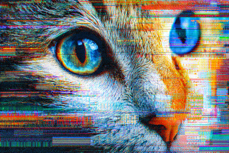 A dynamic fusion of vivid hues and fragmented digital distortions forms a feline visage, creating an...