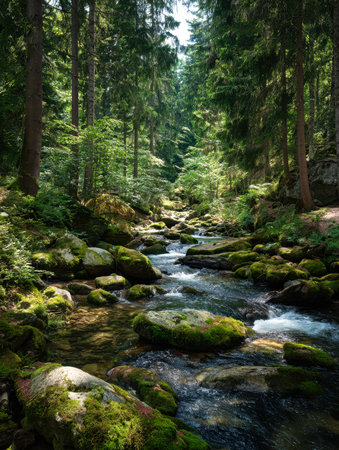 A tranquil cascade meanders through dense foliage, its clear waters reflecting vibrant greenery...