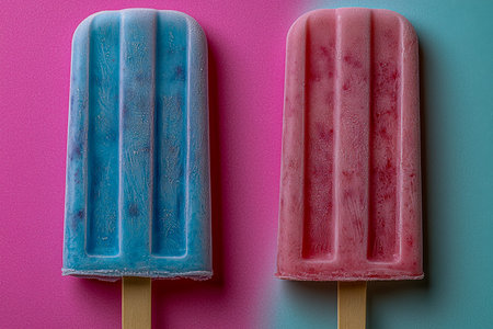 Bold, multicolored ice treats arranged against striking backgrounds evoke freshness and summer...