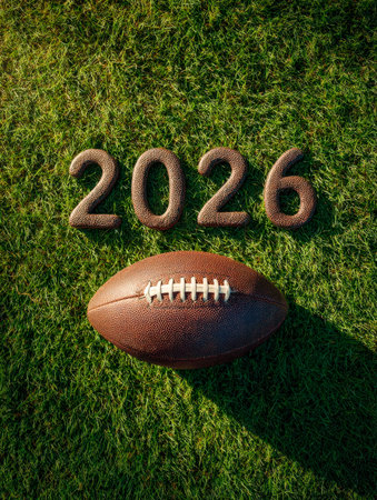 Vibrant green field showcases large grass-covered digits forming '2026,' topped with a football,...